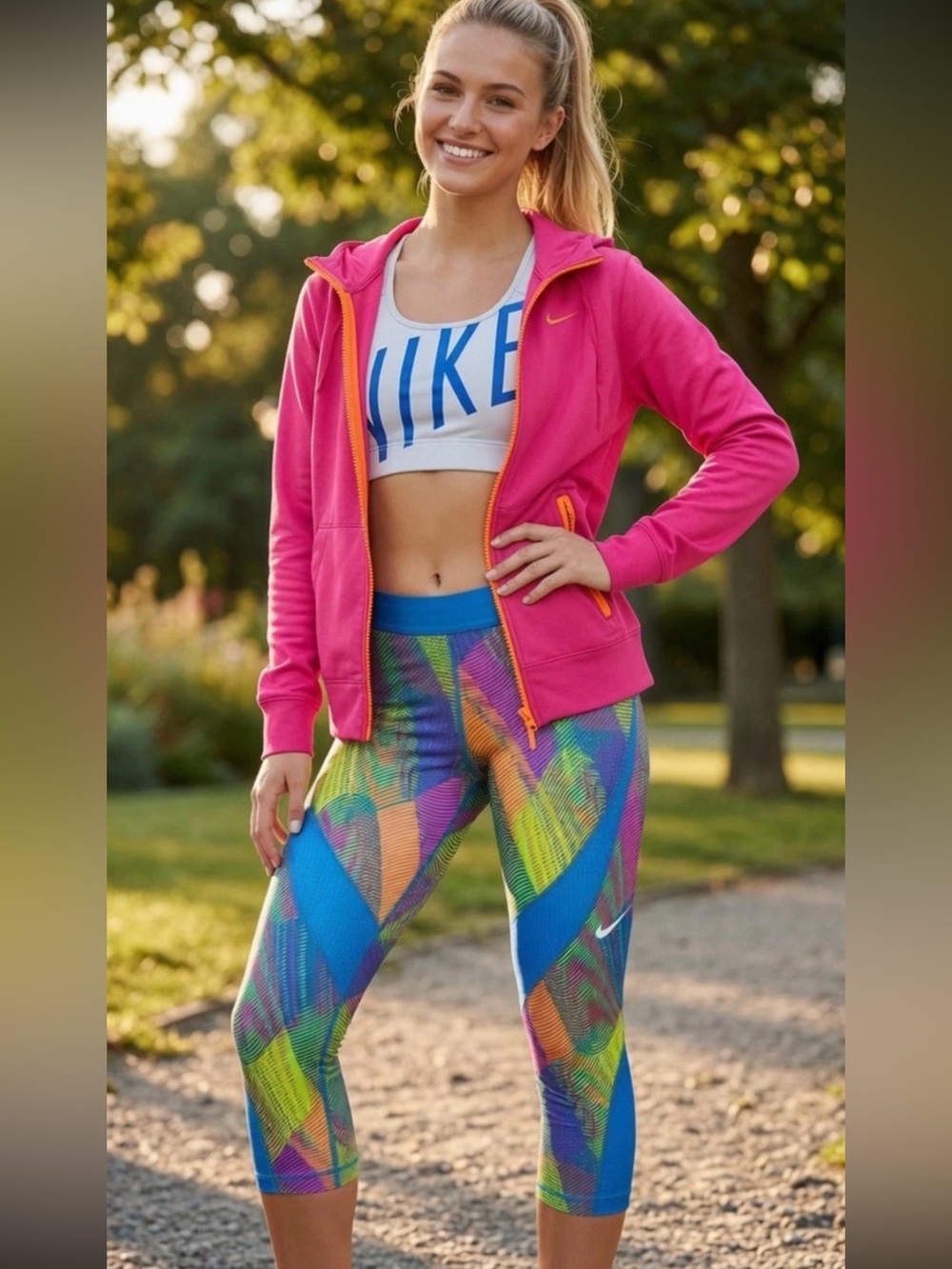 Nike 3 Pc Athletic Outfit Legging Sports Bra Full zip Hoodie Set Colorful Bright